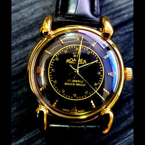 Rare Manual Roamer Brevete Swiss Mens‎ Watch Gld Blk Blk